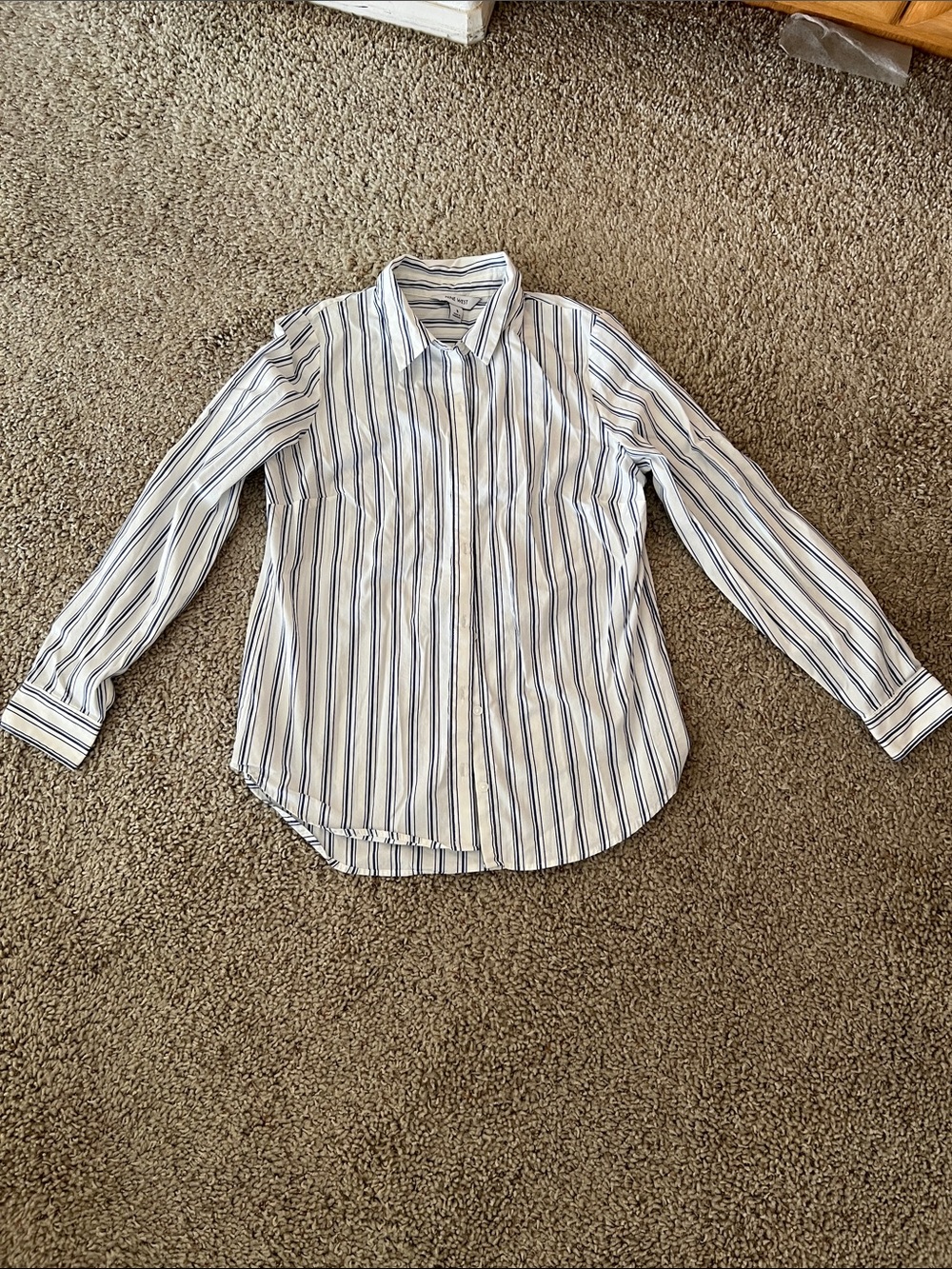 Nine West White Button-Up Shirt with Blue Stripes